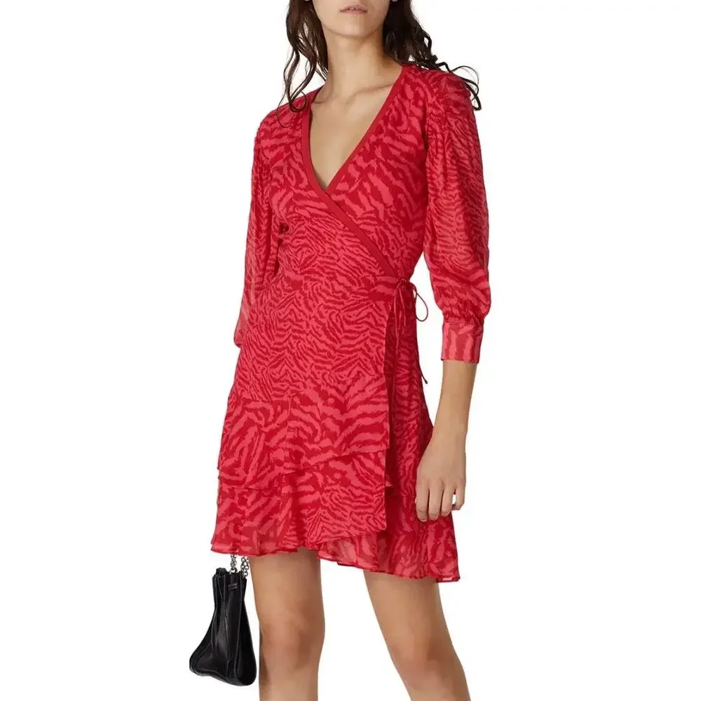 all saints red wrap dress $498 Allsaints Womens Red V-Neck Animal-Print 3/4-Sleeve Remix Wrap Dress Size M